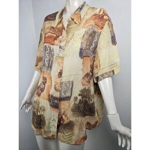 Sheer summer blouse with safari print Vintage 90s button down size medium